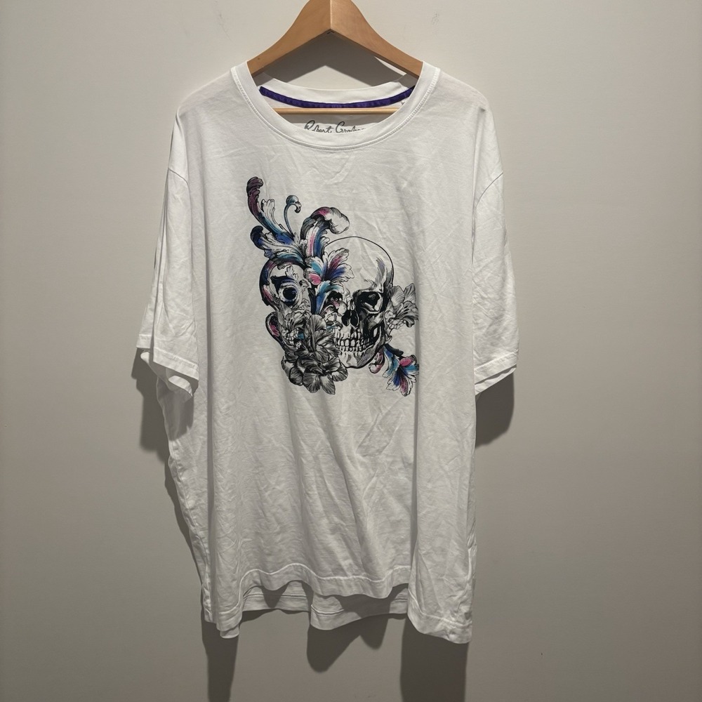 Robert Graham Mens T-shirt Mens 2XLT  Graphic Print Tee Skulls Floral White
